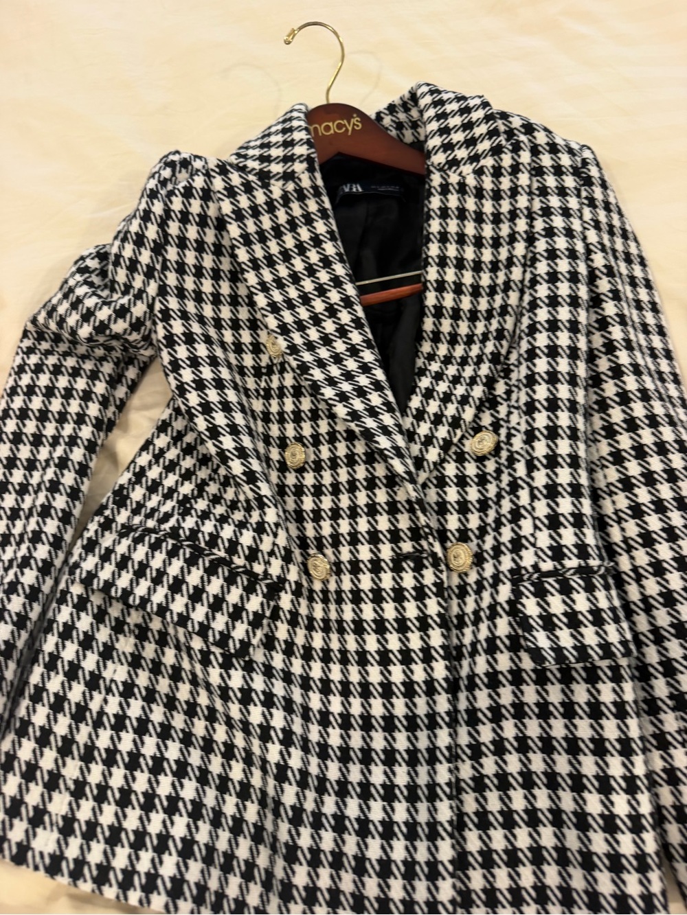 Zara m Black & White Houndstooth Double-Breasted Blazer Coat